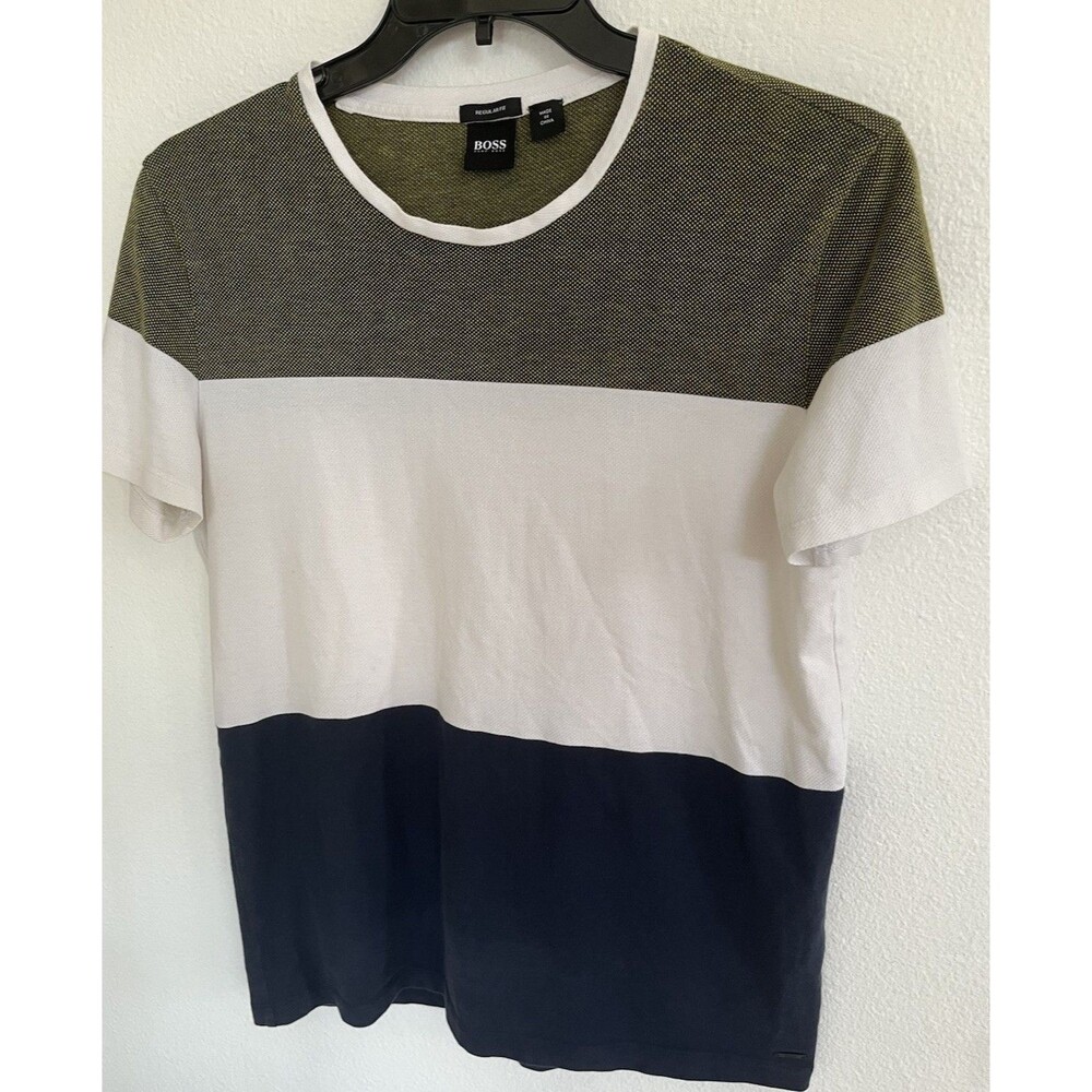 BOSS Hugo Boss Mens Regular Fit Olive Three Tone Structured Knit Pullover Casual